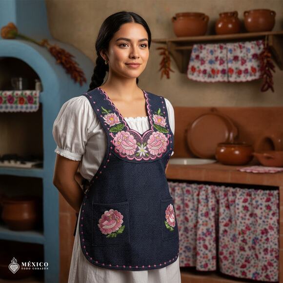 Pink & Blue Mexican Embroidered Smock Apron, Floral Traditional Design for Women - Picture 1 of 8